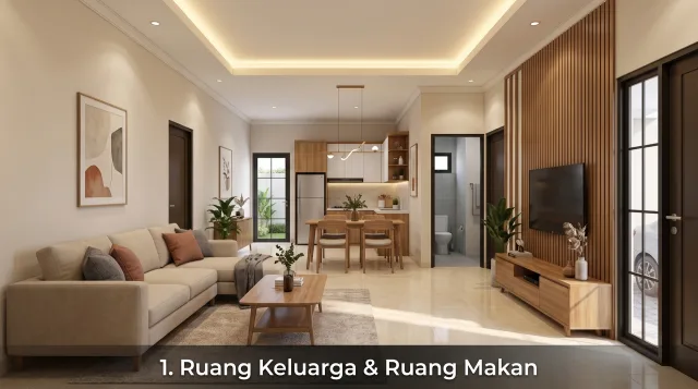 Ilustrasi tipe 56/90 - Ruang keluarga dan makan
