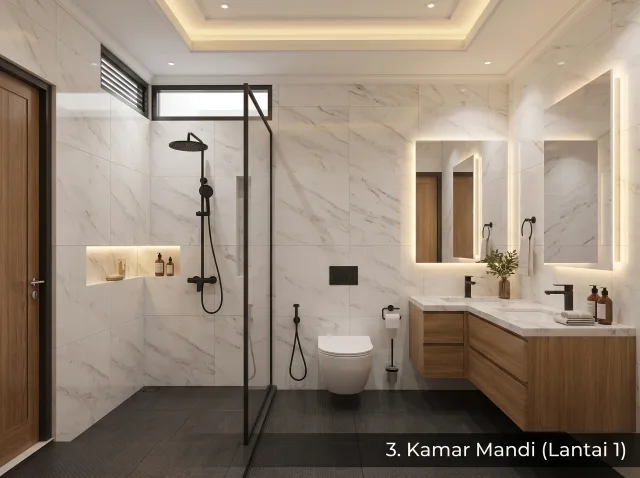 Ilustrasi tipe 69/80 - Kamar mandi lantai satu