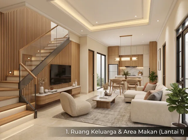 Ilustrasi tipe 69/80 - Ruang keluarga dan makan lantai satu